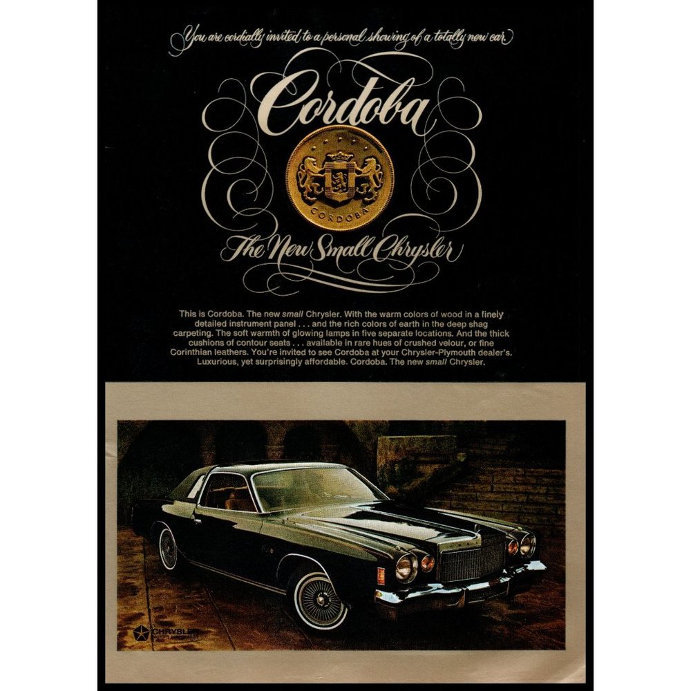 1975 Chrysler Cordoba 2 Door Small Car Vintage Print Ad Shag Carpet Wall Art